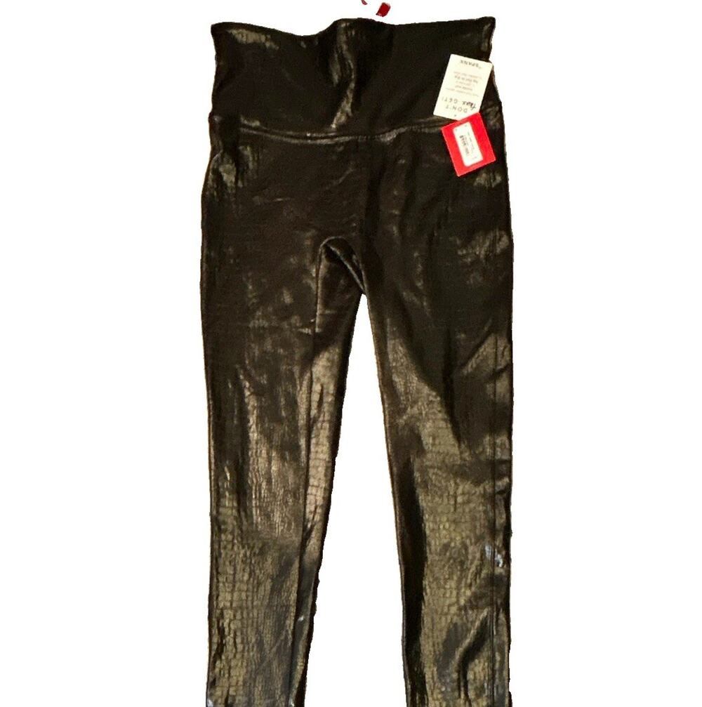 SPANX Black Shiny Faux Leather Animal Print High Rise Ankle Leggings Women's M